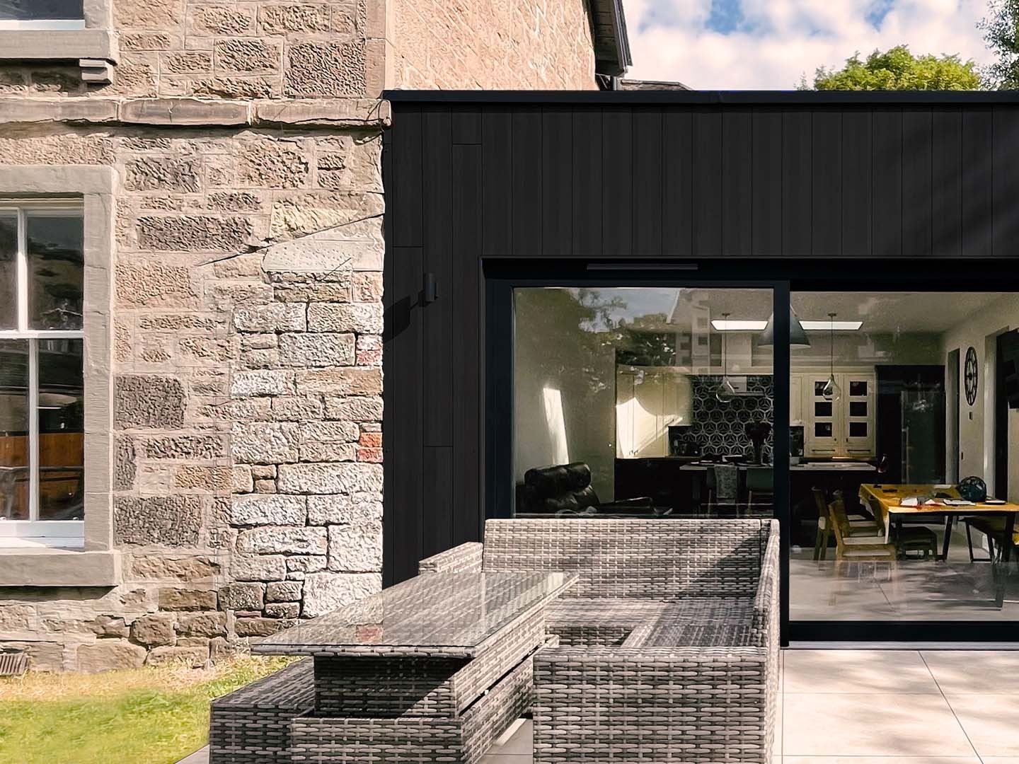 Black Timber Contemporary Extension Large Glass Doors Outside