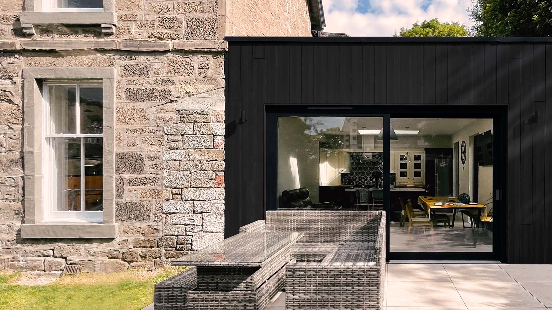 Black Timber Contemporary Extension Large Glass Doors Outside