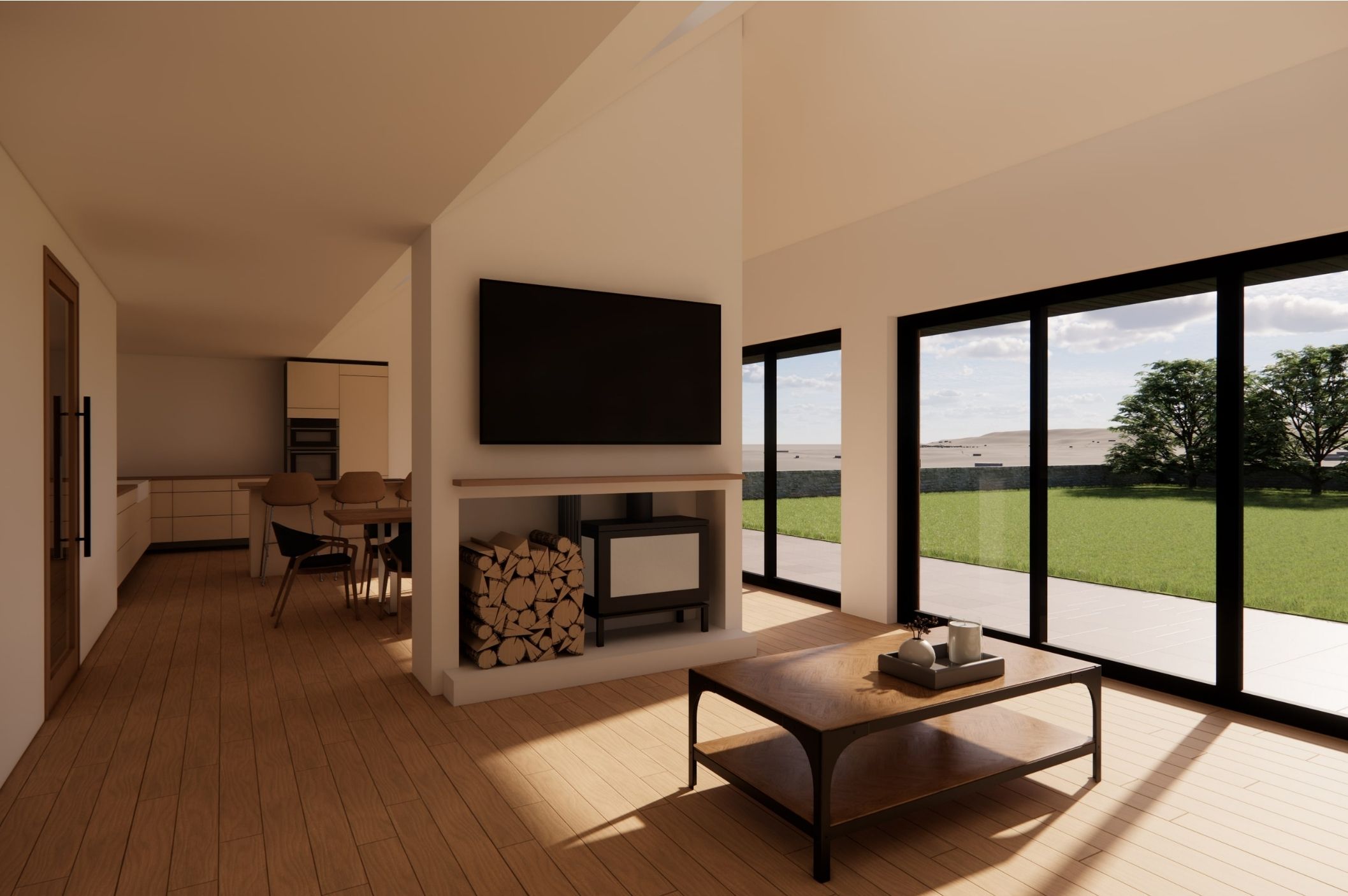 Interior of converted farmhouse with open-plan living space and views across countryside