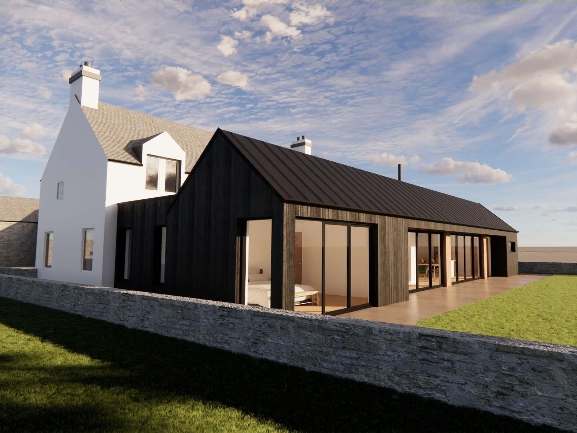 Steading conversion in Perthshire showing stone farmhouse with modern timber extension