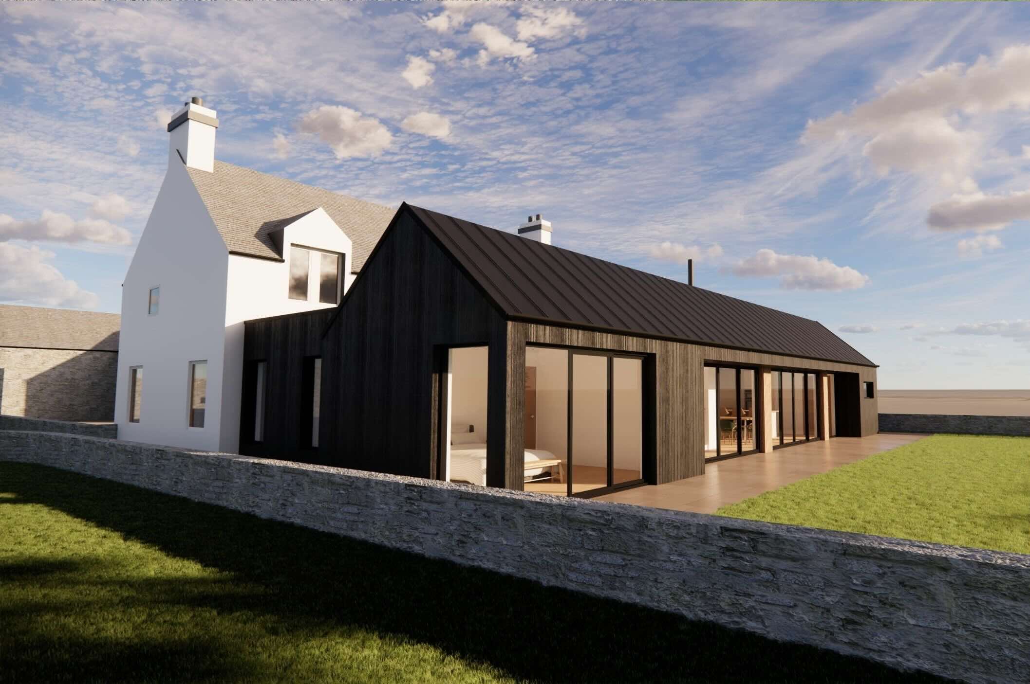 Steading conversion in Perthshire showing stone farmhouse with modern timber extension