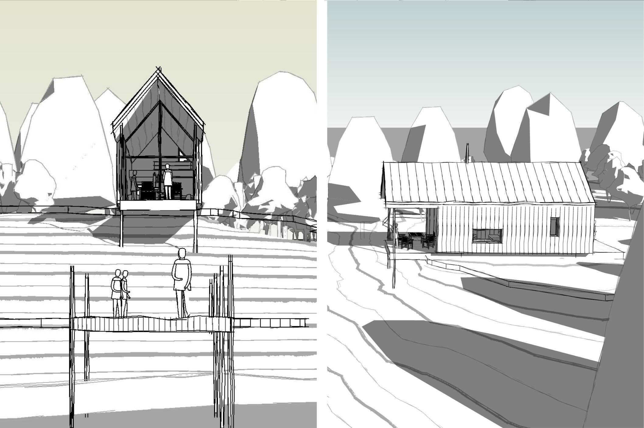 Architectural perspective of boat house overlooking Loch Tummel with surrounding woodland setting in Perthshire