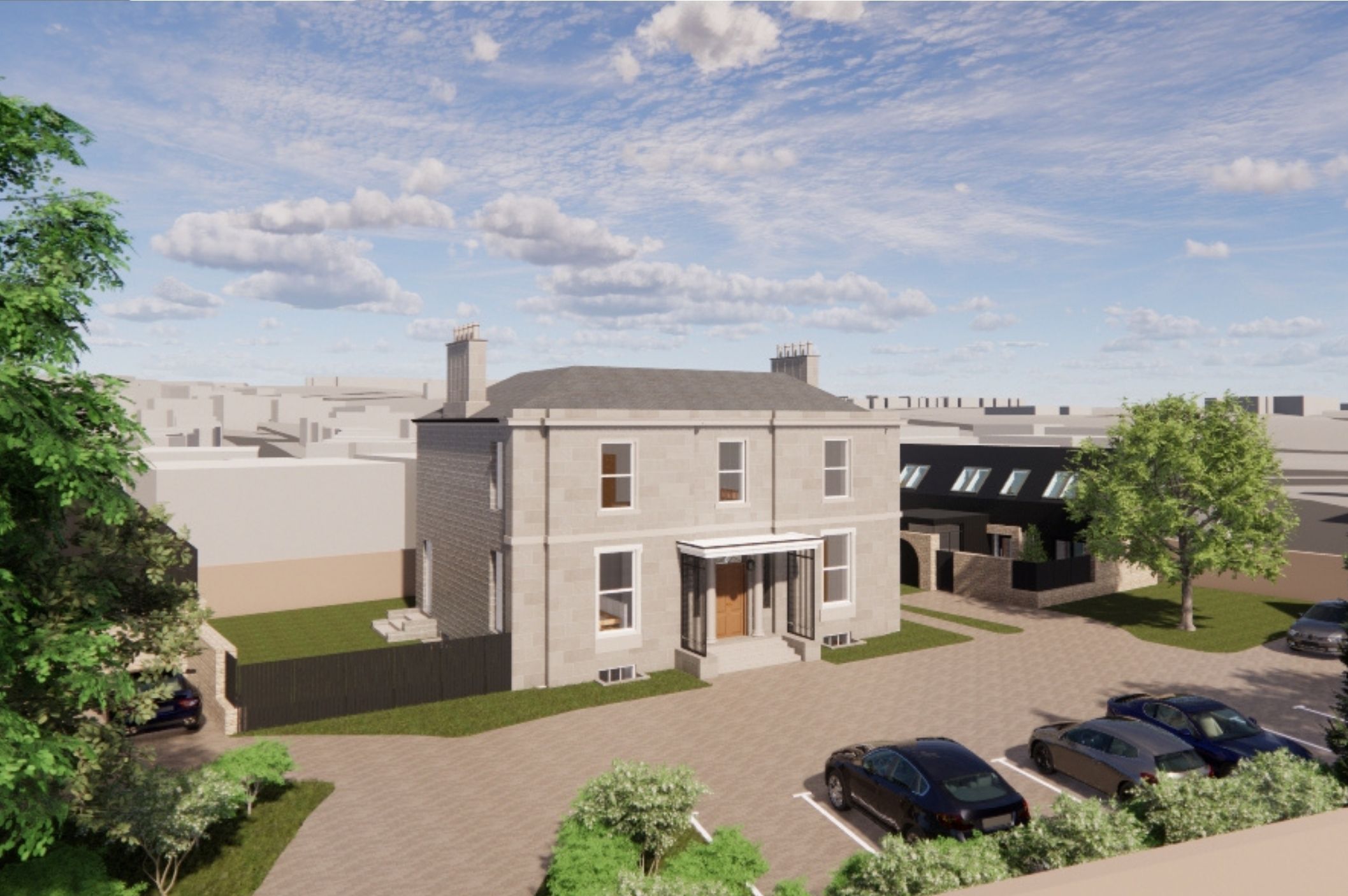 Residential development proposal at Broughty Ferry Mews showing conversion of Ingleside House and new housing