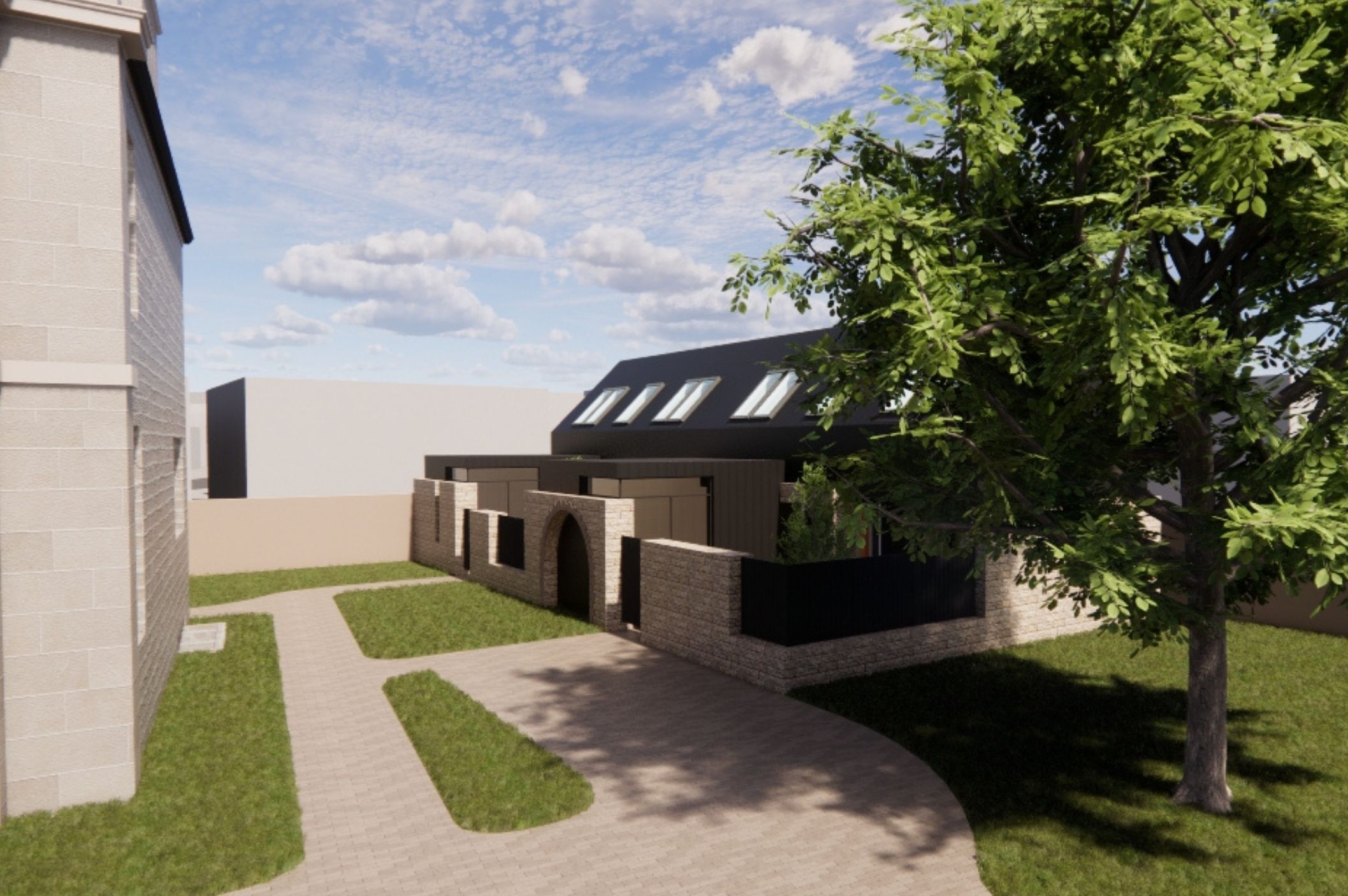 New residential steading houses within grounds of Ingleside House in Broughty Ferry