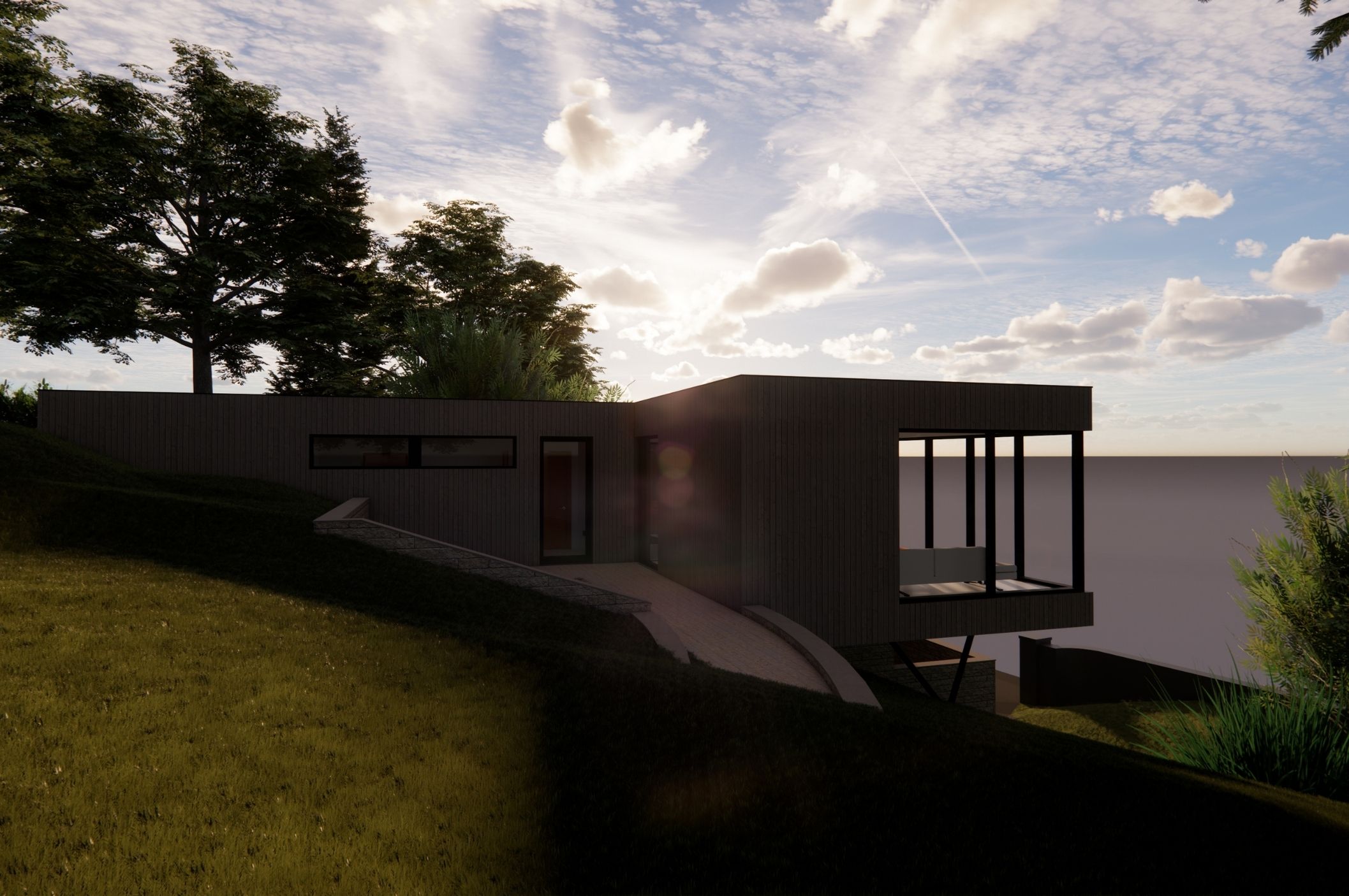Modern house design in Dundee West End shown in evening light with surrounding landscape