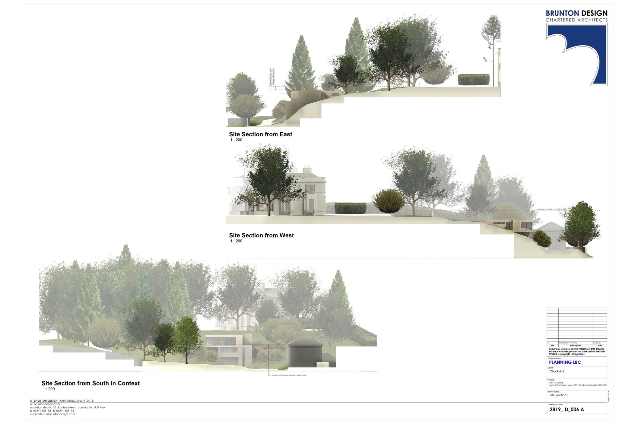 Site layout showing house design carefully positioned within garden of listed property in Dundee