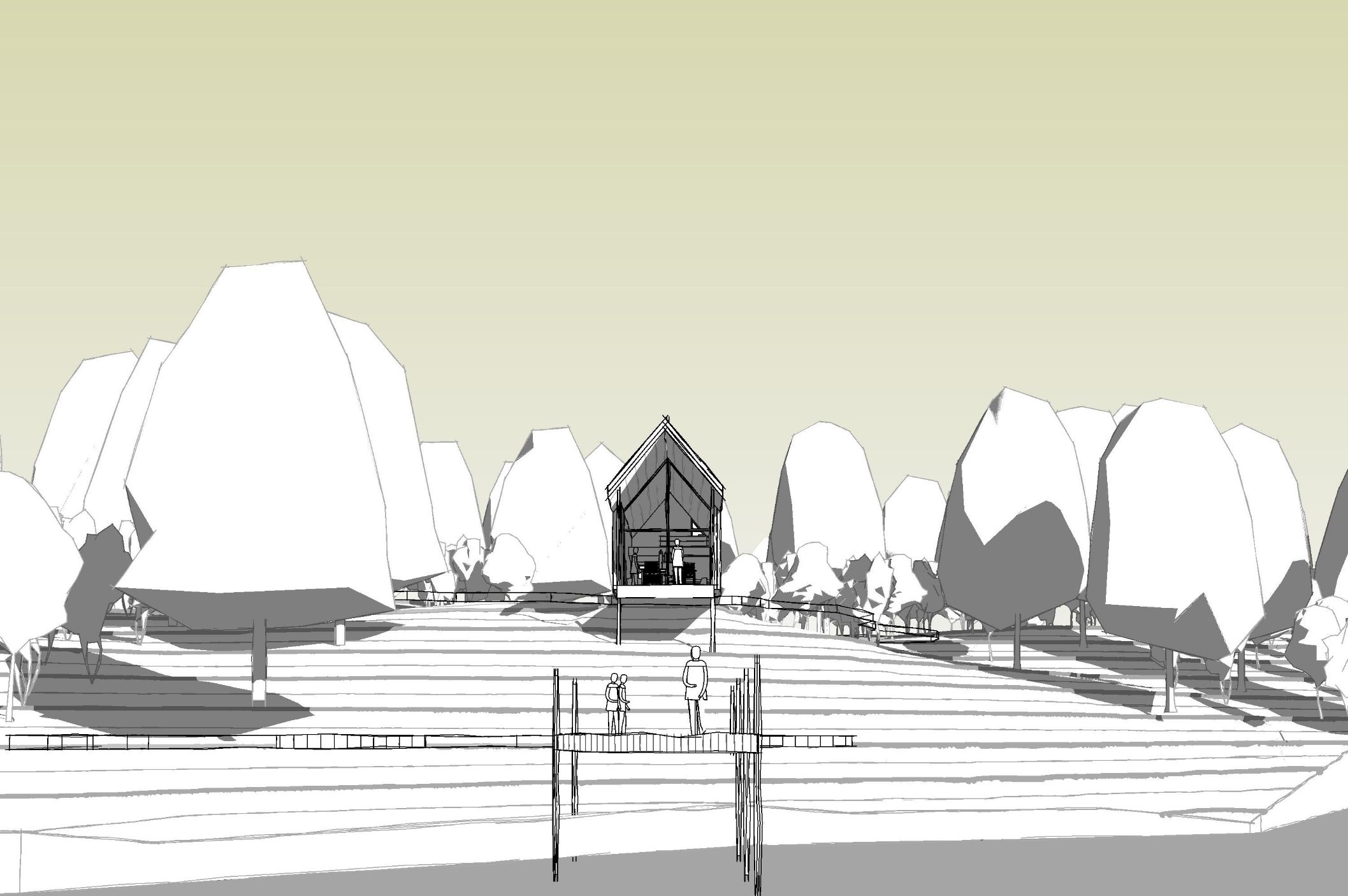 Architectural concept of jetty and boat house set within the rural landscape of Loch Tummel, Perthshire