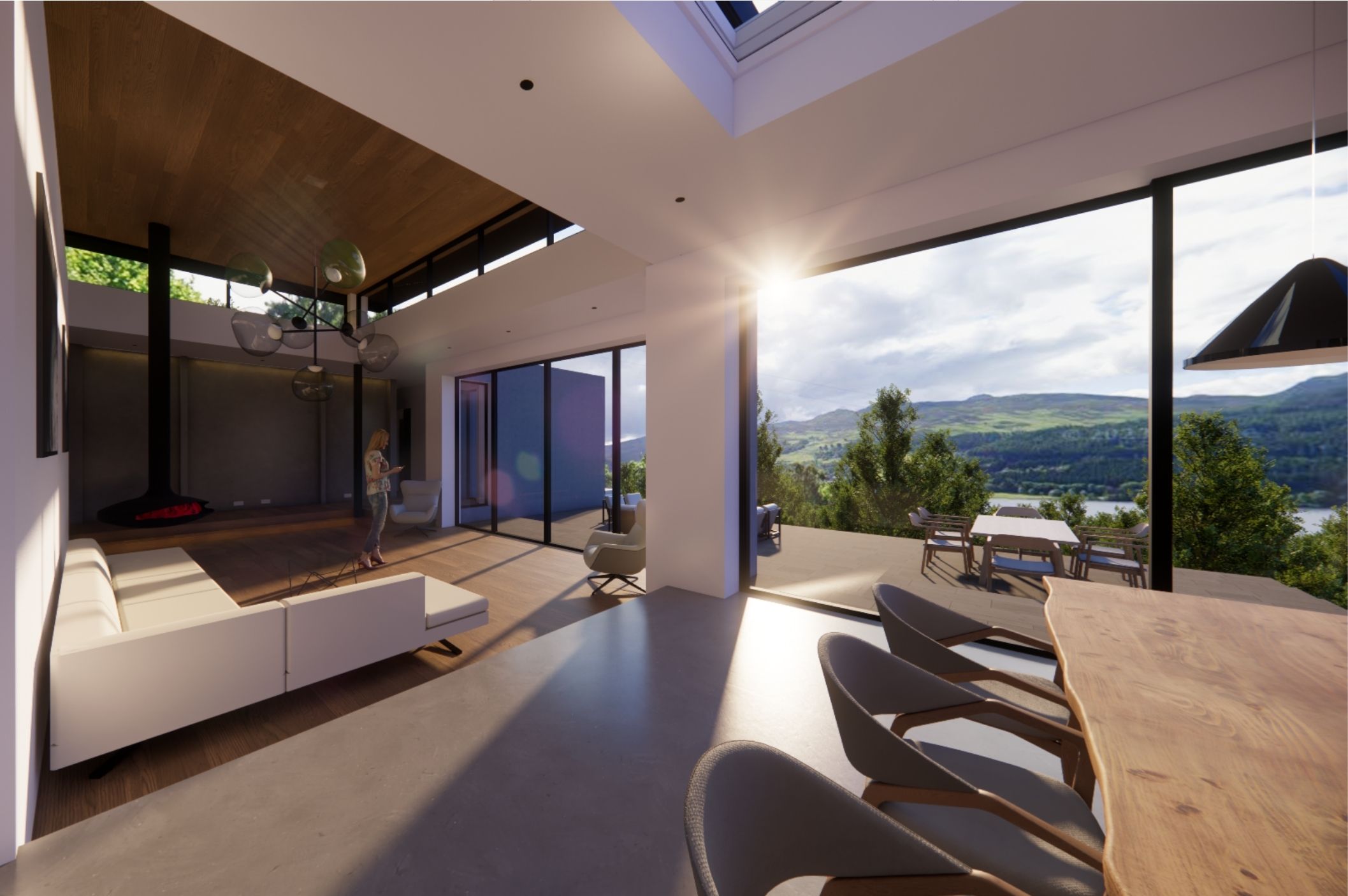 Contemporary interior design with timber ceilings and polished concrete floors in Loch Tummel house