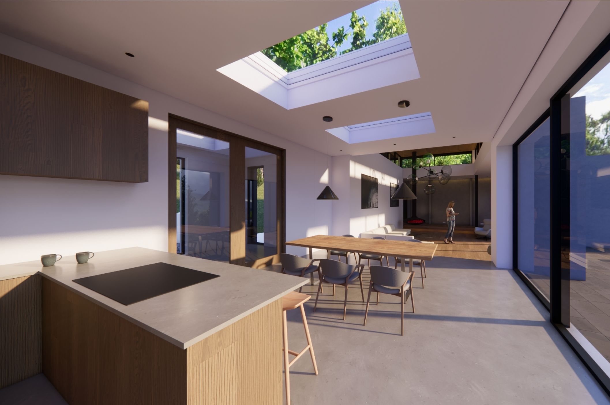 Kitchen and living area interior CGI with natural light and south-facing glazing in Loch Tummel house