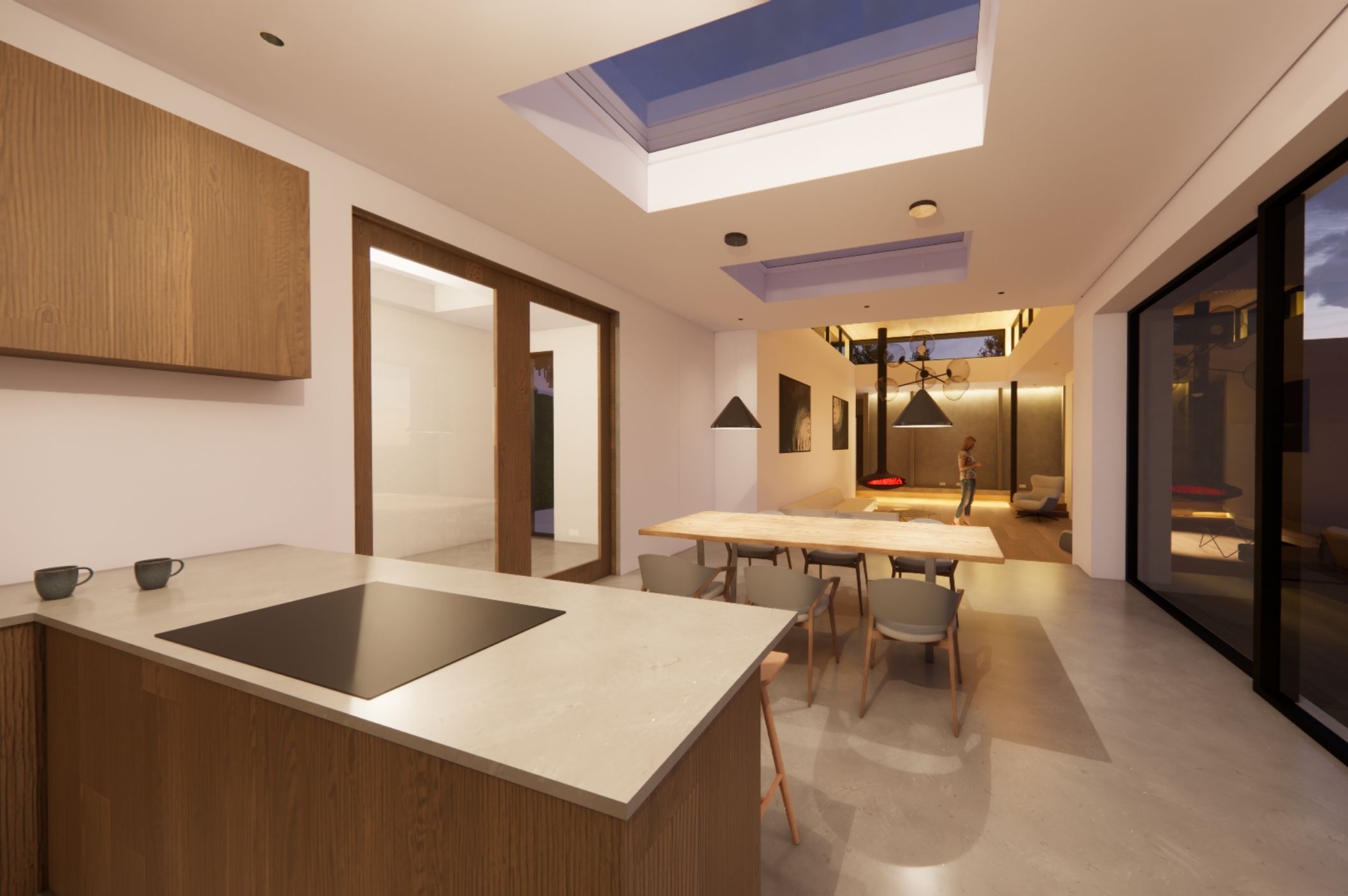 Modern interior with large metal-framed windows connecting interior spaces to surrounding landscape