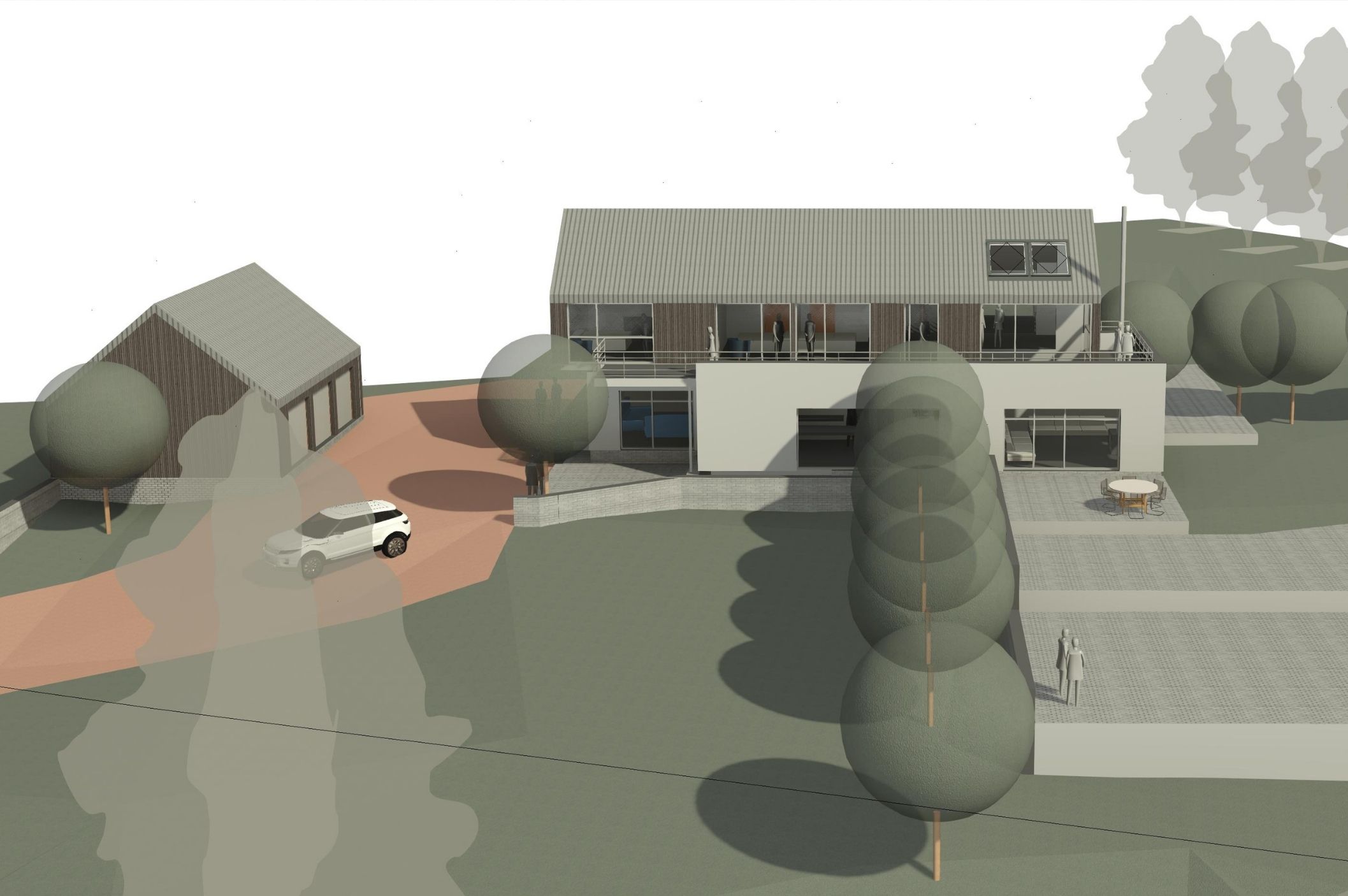 Residential architectural visualisation of Penman House within its surrounding landscape