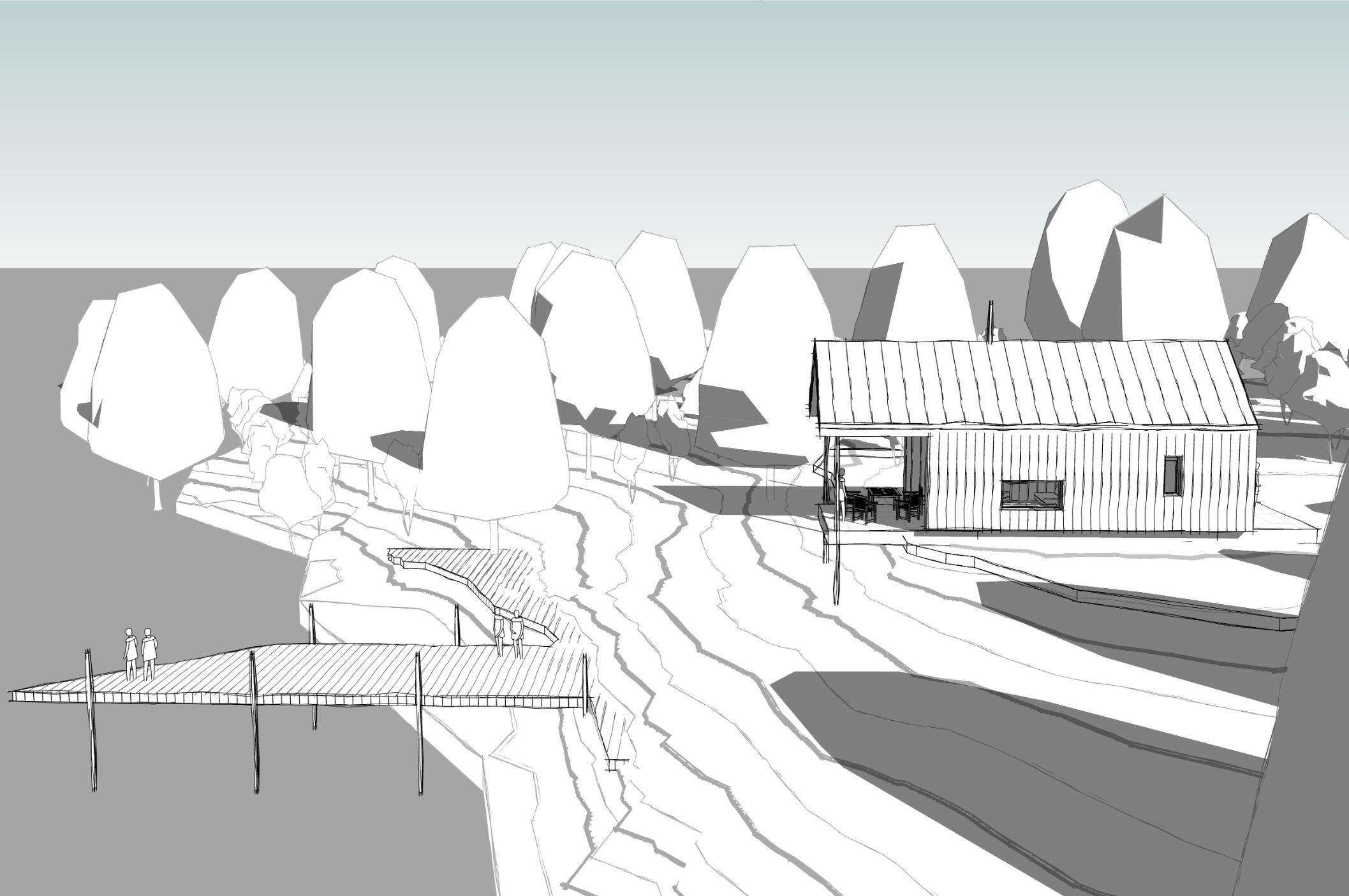 Timber boat house design with pitched roof overlooking Loch Tummel in a forest setting